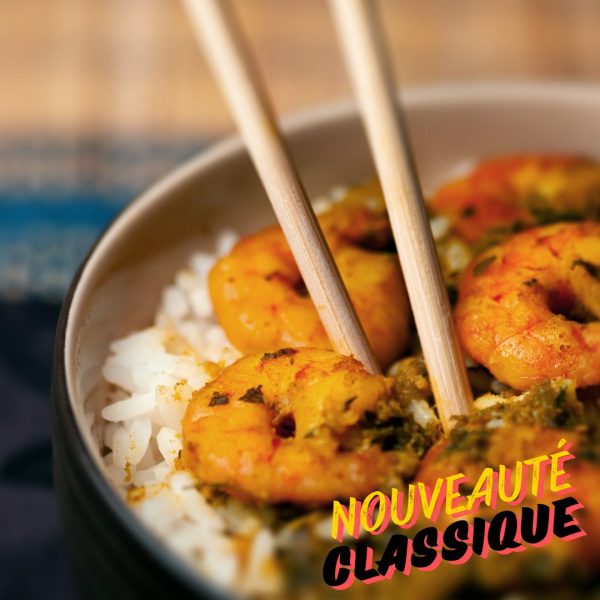 Crevette au cari et lait de coco sur riz basmati et légumes