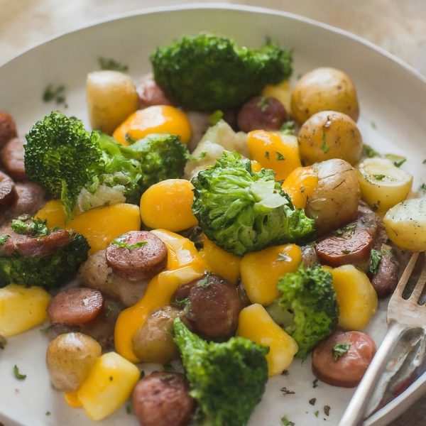 Saucisse de porc, brocoli et fromage en grain