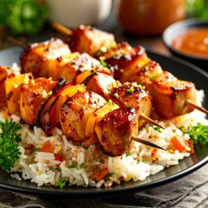 Brochette de poulet bacon, sauce ail et miel
