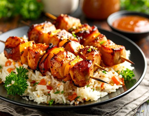 Brochette de poulet bacon, sauce ail et miel