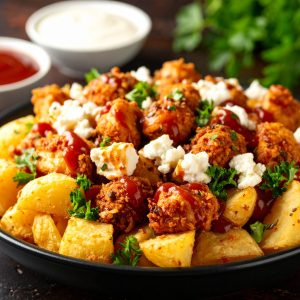 Poutine de pomme de terre grecque aux bouchées de poulet