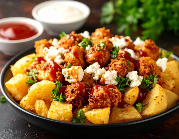 Poutine de pomme de terre grecque aux bouchées de poulet