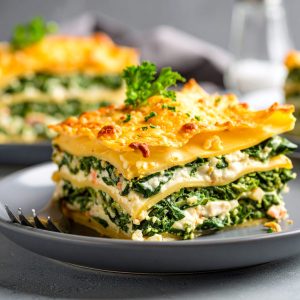 Lasagne, sauce crémeuse au crabe et épinard