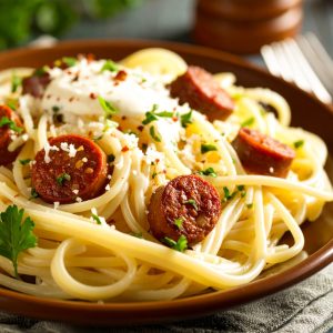 Spaghetti, sauce à la crème et saucisse merguez