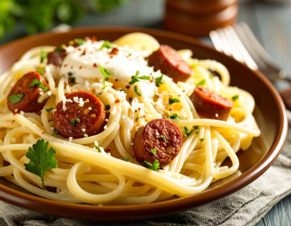 Spaghetti, sauce à la crème et saucisse merguez