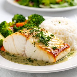 Filet d’aiglefin poêlé, sauce à l’aneth et citron vert