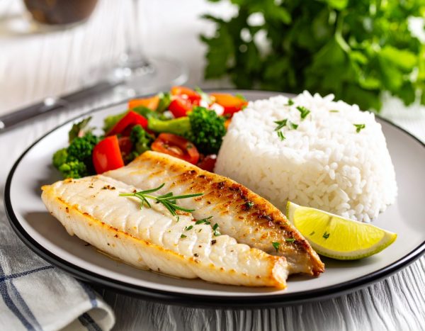 Filet de sole meunière, servi avec riz et légumes