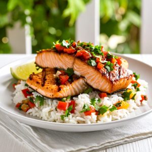 Pavé de saumon, salsa de poivrons rouges grillés