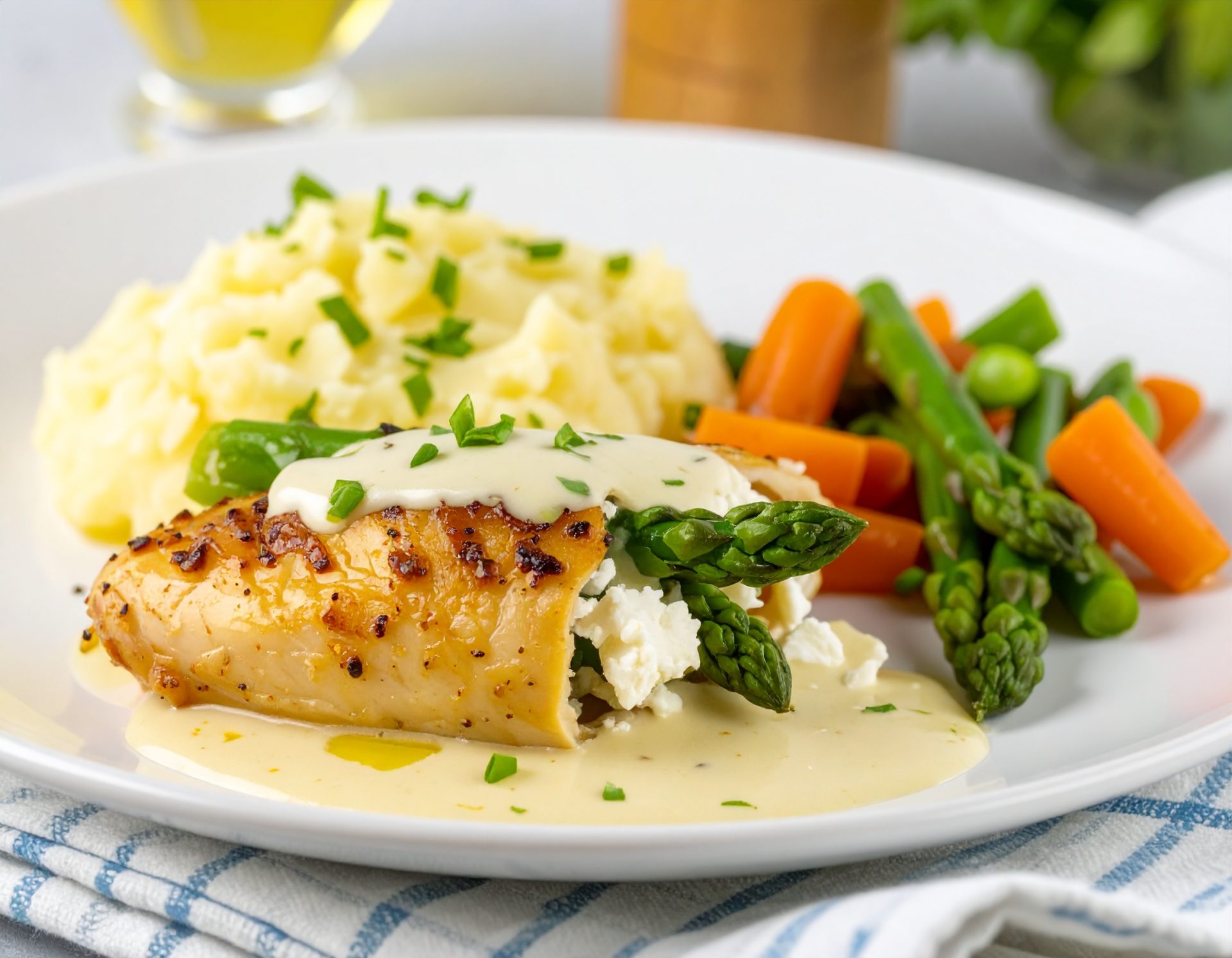 Poulet farci de feta et asperges, sauce crémeuse