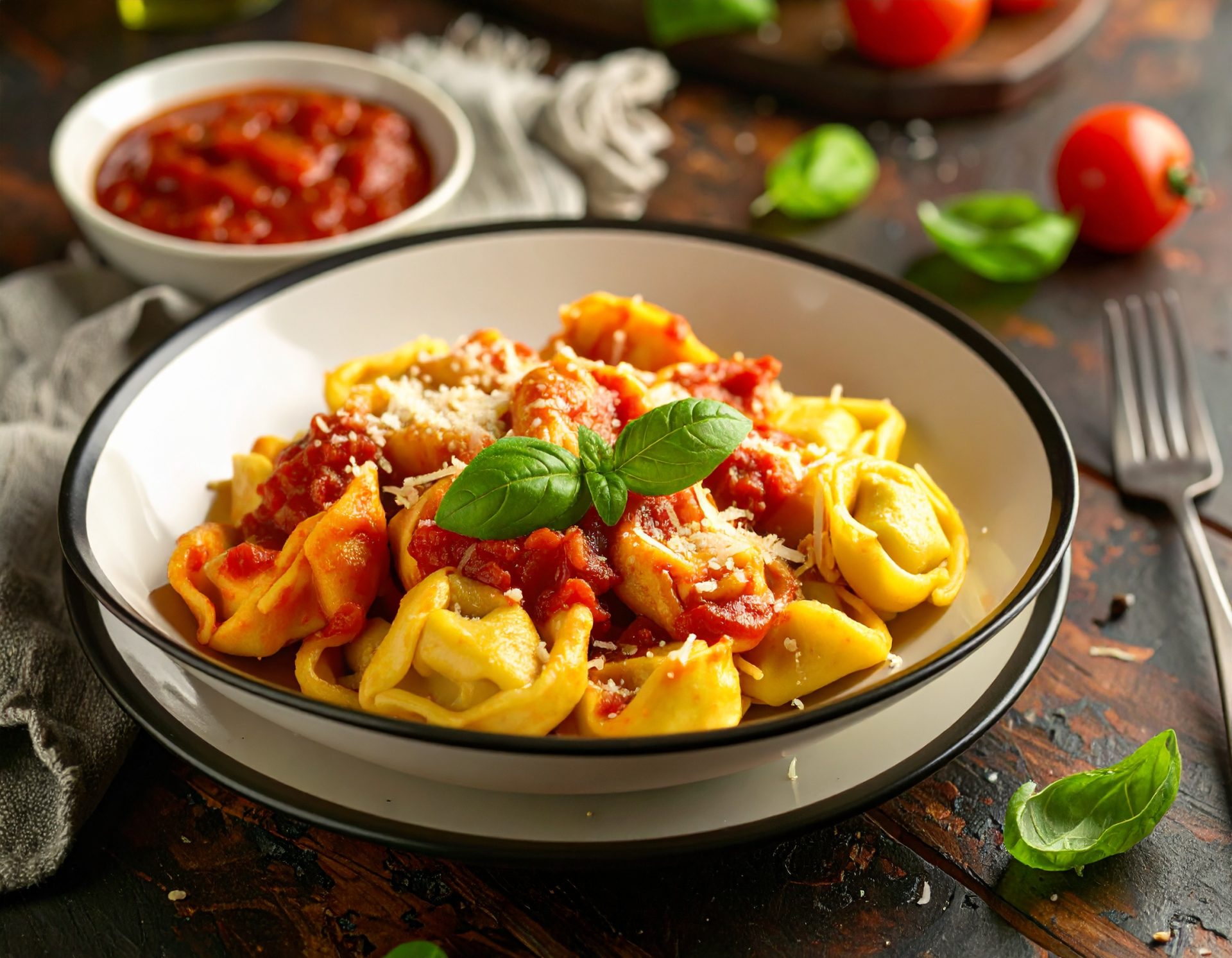 Tortellini au fromage, sauce tomate et basilic