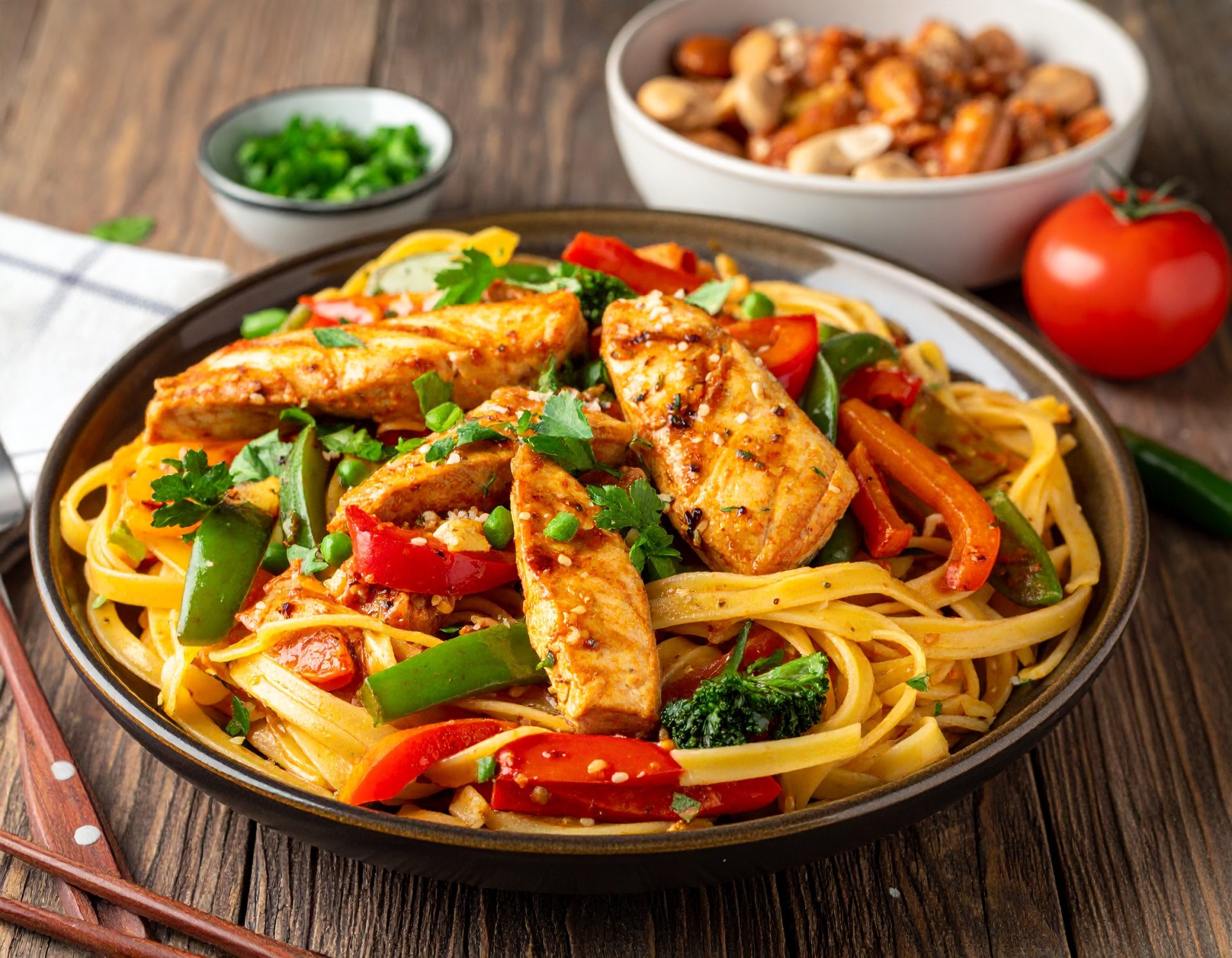 Poulet fajitas sur linguine arrabiata et légumes