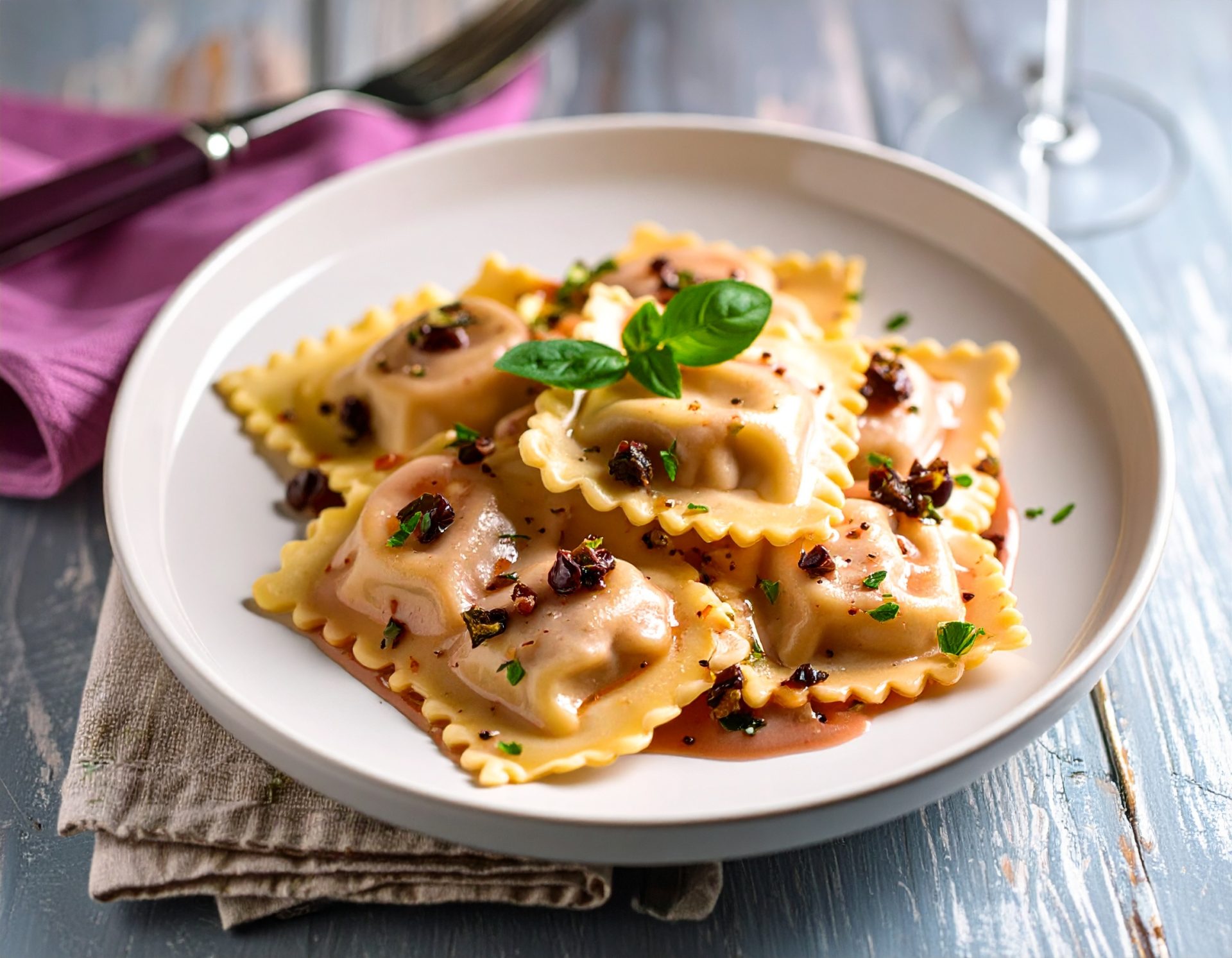 Ravioli de veau, sauce rosée