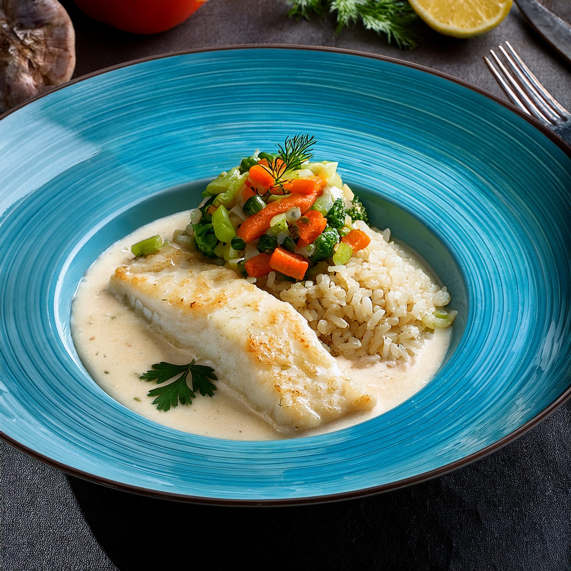 Fricadelle de morue, sauce crémeuse au vin blanc