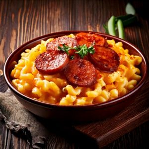 Mac n’ cheese à la saucisse grillée