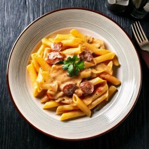 Linguines sauce crémeuse aux saucisses