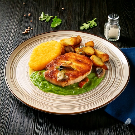 Steak de dinde, sauce aux petits pois et champignon