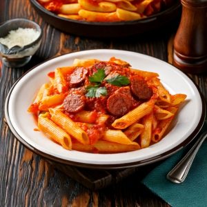 Pennine à la Romanoff garni d’une saucisse italienne douce