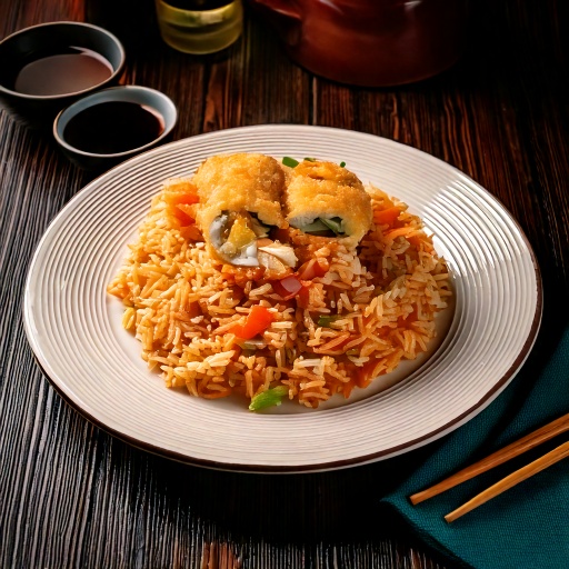 Riz frit au poulet et rouleau impériaux