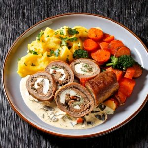 Roulade de boeuf, dinde, épinard et fromage feta, sauce crémeuse aux champignons