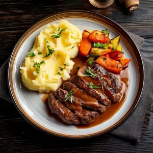 Languette de bœuf style ‘’London steak’’, sauce aux champignons et oignons