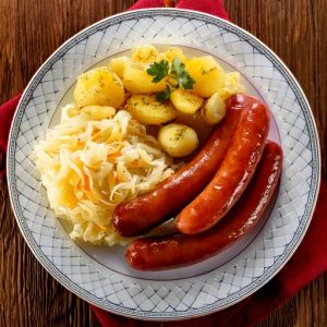 Assiette ‘’Oktoberfest’’, saucisse, choucroute maison et pomme de terre grelot vapeur