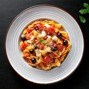 Macaroni à la chair de saucisse, olive noire, fromage feta et tomate cerise, sauce crémeuse aux câpres et fines herbes