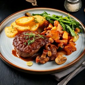 London steak de boeuf, champignon et oignons caramélisés